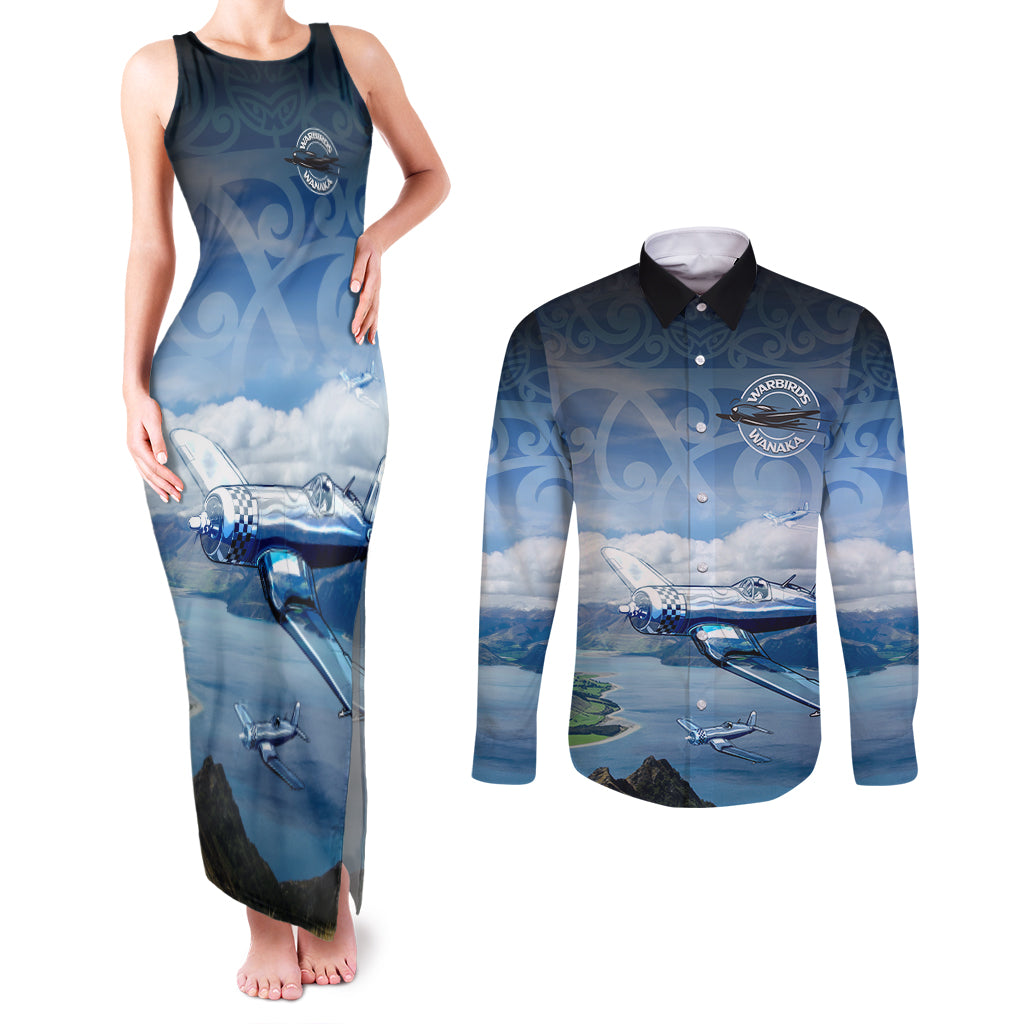 New Zealand Wanaka Air Show Couples Matching Tank Maxi Dress and Long Sleeve Button Shirt With Maori Pattern