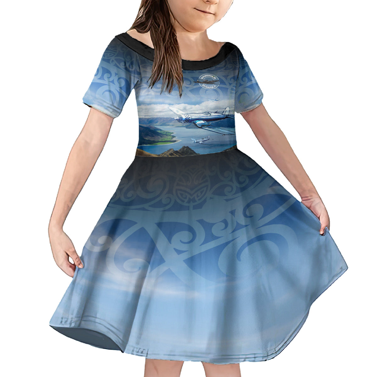 New Zealand Wanaka Air Show Family Matching Long Sleeve Bodycon Dress and Hawaiian Shirt With Maori Pattern LT05 Daughter's Dress Blue - Polynesian Pride