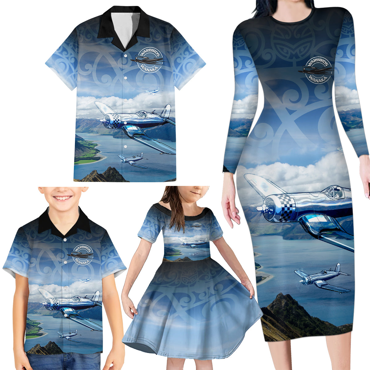 New Zealand Wanaka Air Show Family Matching Long Sleeve Bodycon Dress and Hawaiian Shirt With Maori Pattern LT05 - Polynesian Pride