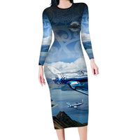 New Zealand Wanaka Air Show Family Matching Long Sleeve Bodycon Dress and Hawaiian Shirt With Maori Pattern LT05 Mom's Dress Blue - Polynesian Pride