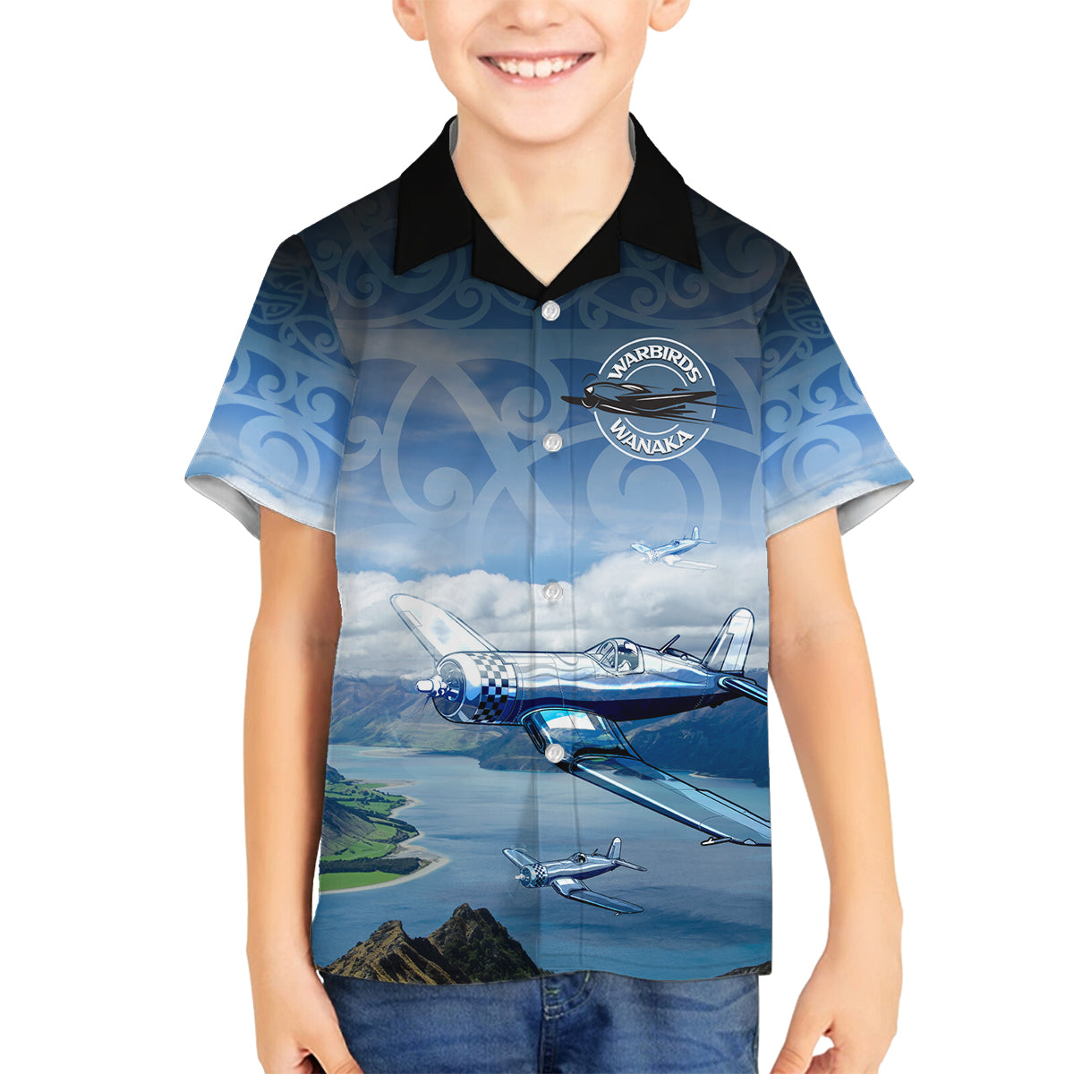New Zealand Wanaka Air Show Family Matching Long Sleeve Bodycon Dress and Hawaiian Shirt With Maori Pattern LT05 Son's Shirt Blue - Polynesian Pride