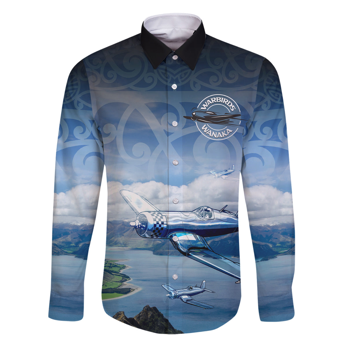 New Zealand Wanaka Air Show Family Matching Mermaid Dress and Hawaiian Shirt With Maori Pattern LT05 Dad's Shirt - Long Sleeve Blue - Polynesian Pride
