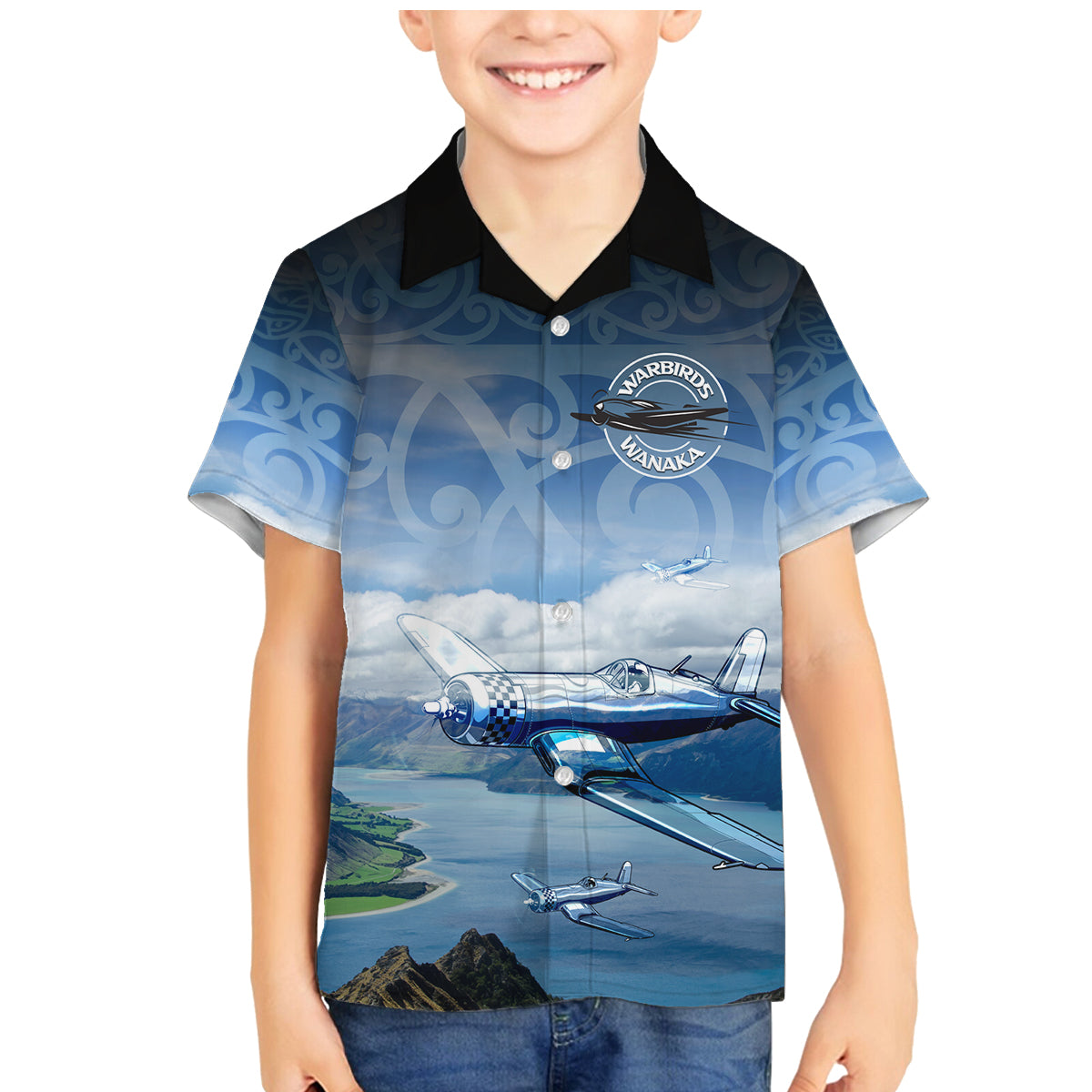New Zealand Wanaka Air Show Family Matching Mermaid Dress and Hawaiian Shirt With Maori Pattern LT05 Son's Shirt Blue - Polynesian Pride