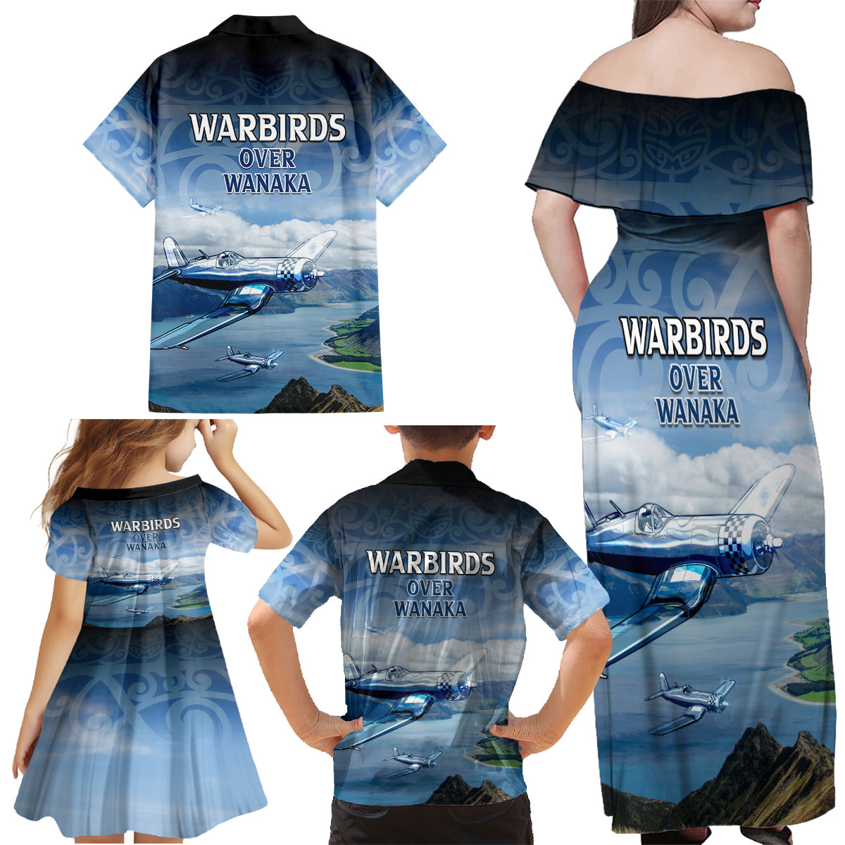 New Zealand Wanaka Air Show Family Matching Off Shoulder Maxi Dress and Hawaiian Shirt With Maori Pattern