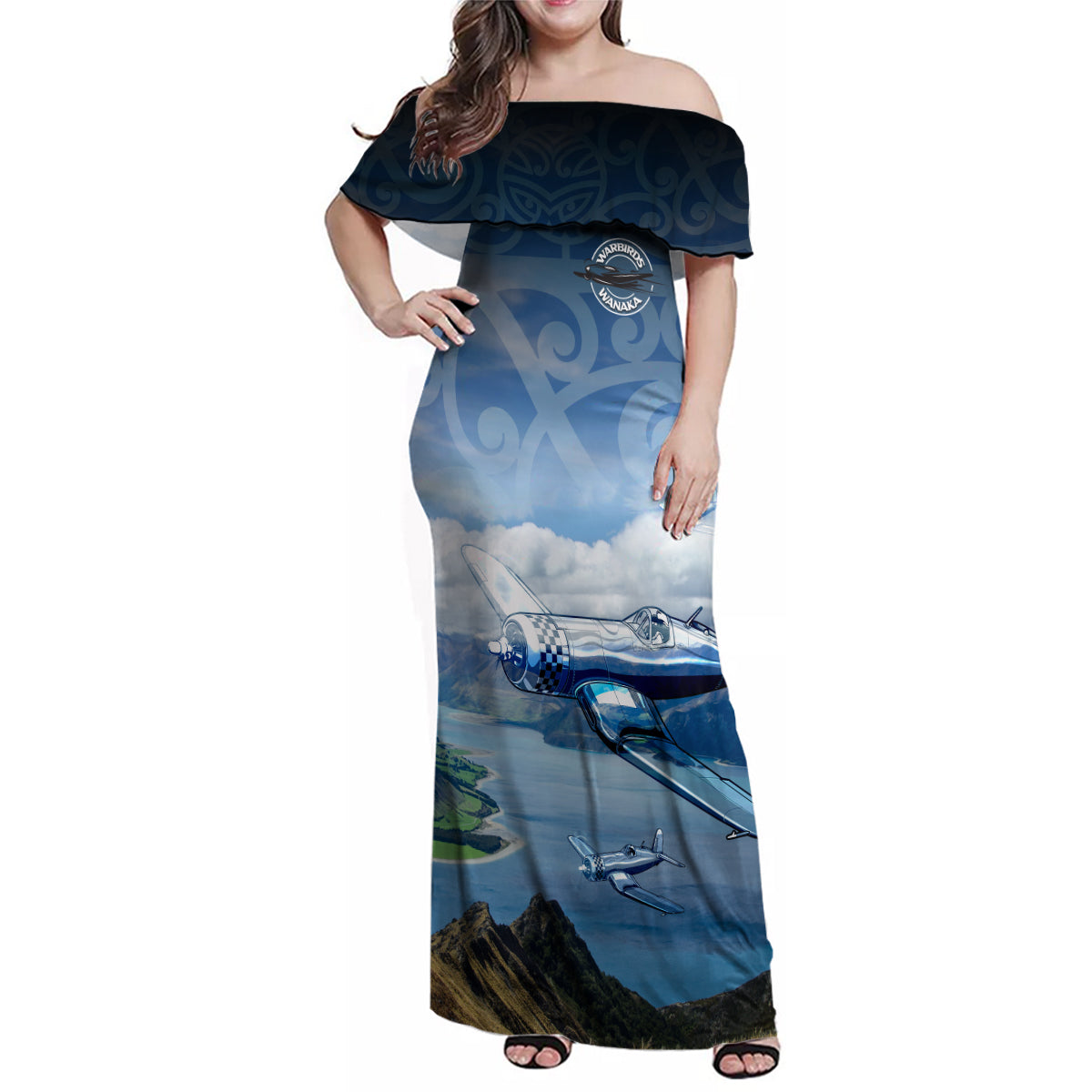New Zealand Wanaka Air Show Family Matching Off Shoulder Maxi Dress and Hawaiian Shirt With Maori Pattern