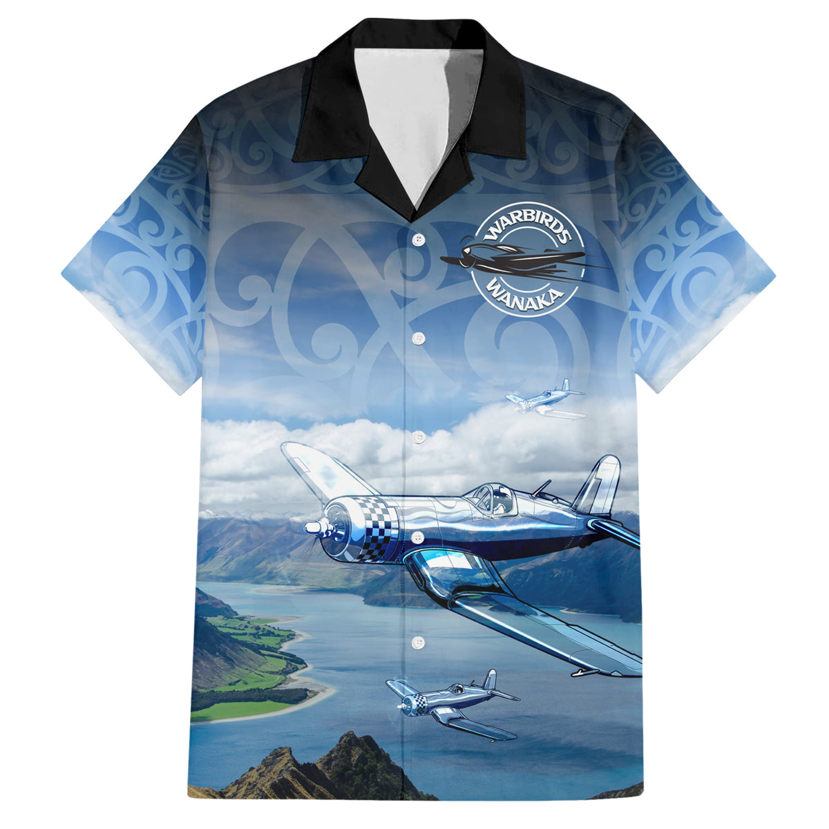 New Zealand Wanaka Air Show Family Matching Short Sleeve Bodycon Dress and Hawaiian Shirt With Maori Pattern LT05 Dad's Shirt - Short Sleeve Blue - Polynesian Pride