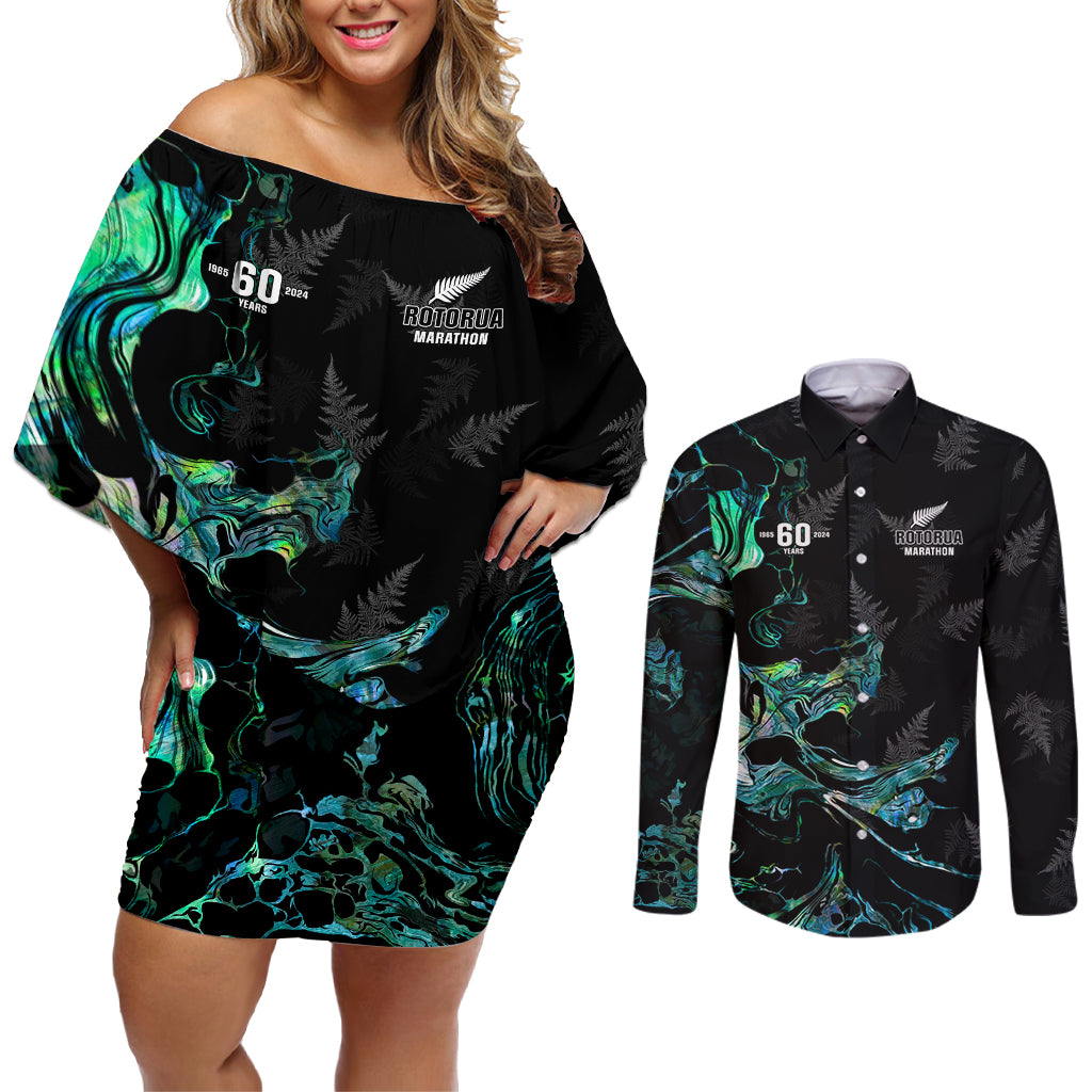 New Zealand Marathon Couples Matching Off Shoulder Short Dress and Long Sleeve Button Shirt Silver Fern Paua Shell Simple Style