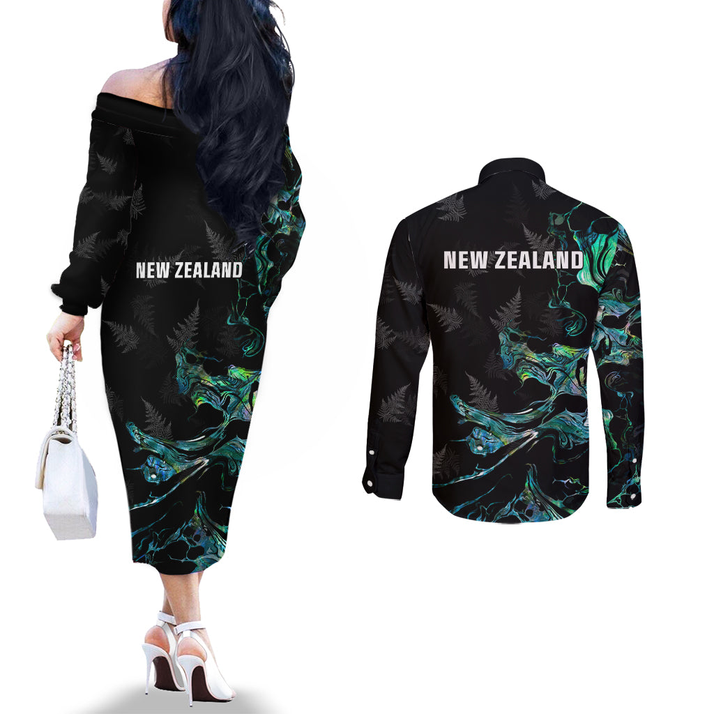 New Zealand Marathon Couples Matching Off The Shoulder Long Sleeve Dress and Long Sleeve Button Shirt Silver Fern Paua Shell Simple Style