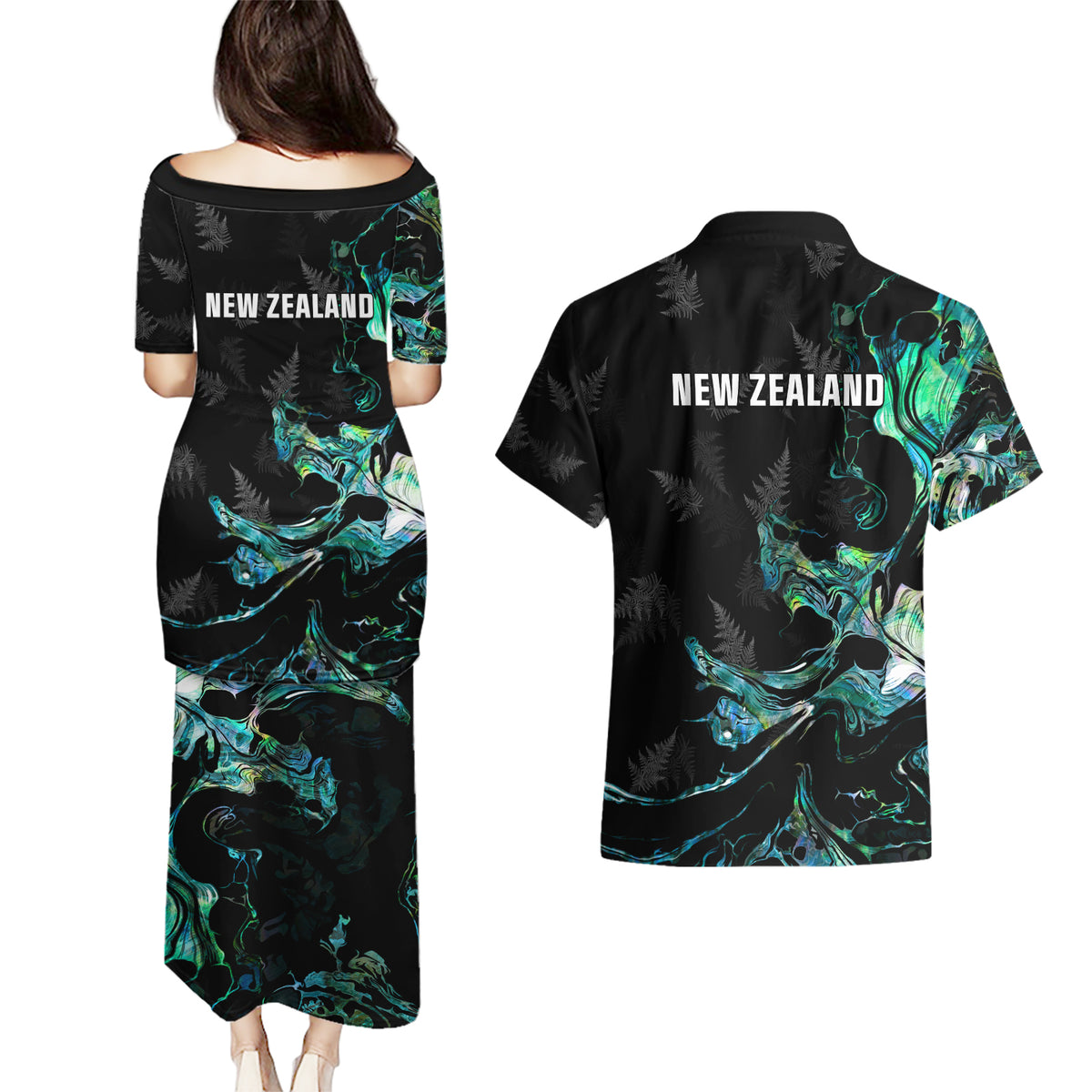 New Zealand Marathon Couples Matching Puletasi and Hawaiian Shirt Silver Fern Paua Shell Simple Style