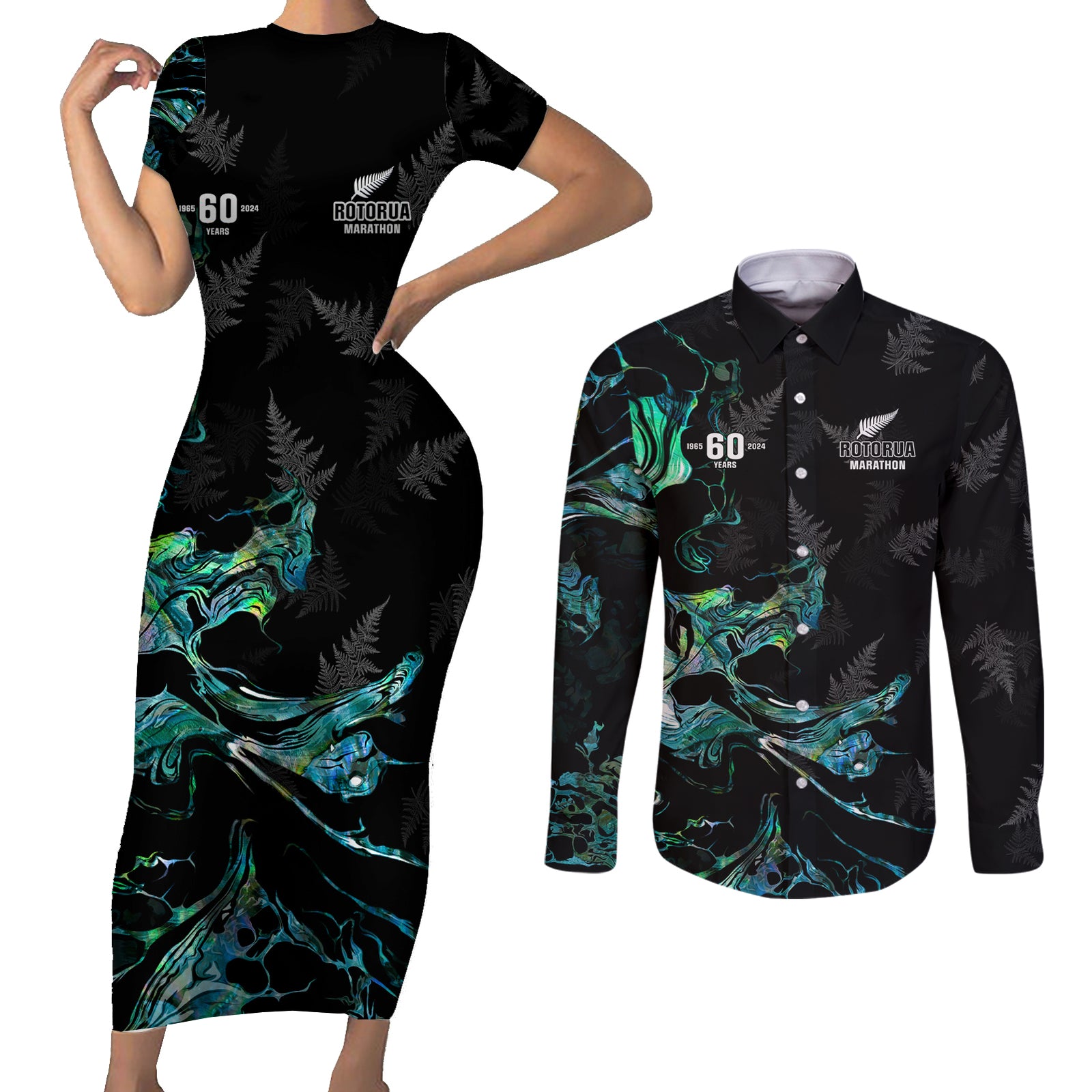 New Zealand Marathon Couples Matching Short Sleeve Bodycon Dress and Long Sleeve Button Shirt Silver Fern Paua Shell Simple Style