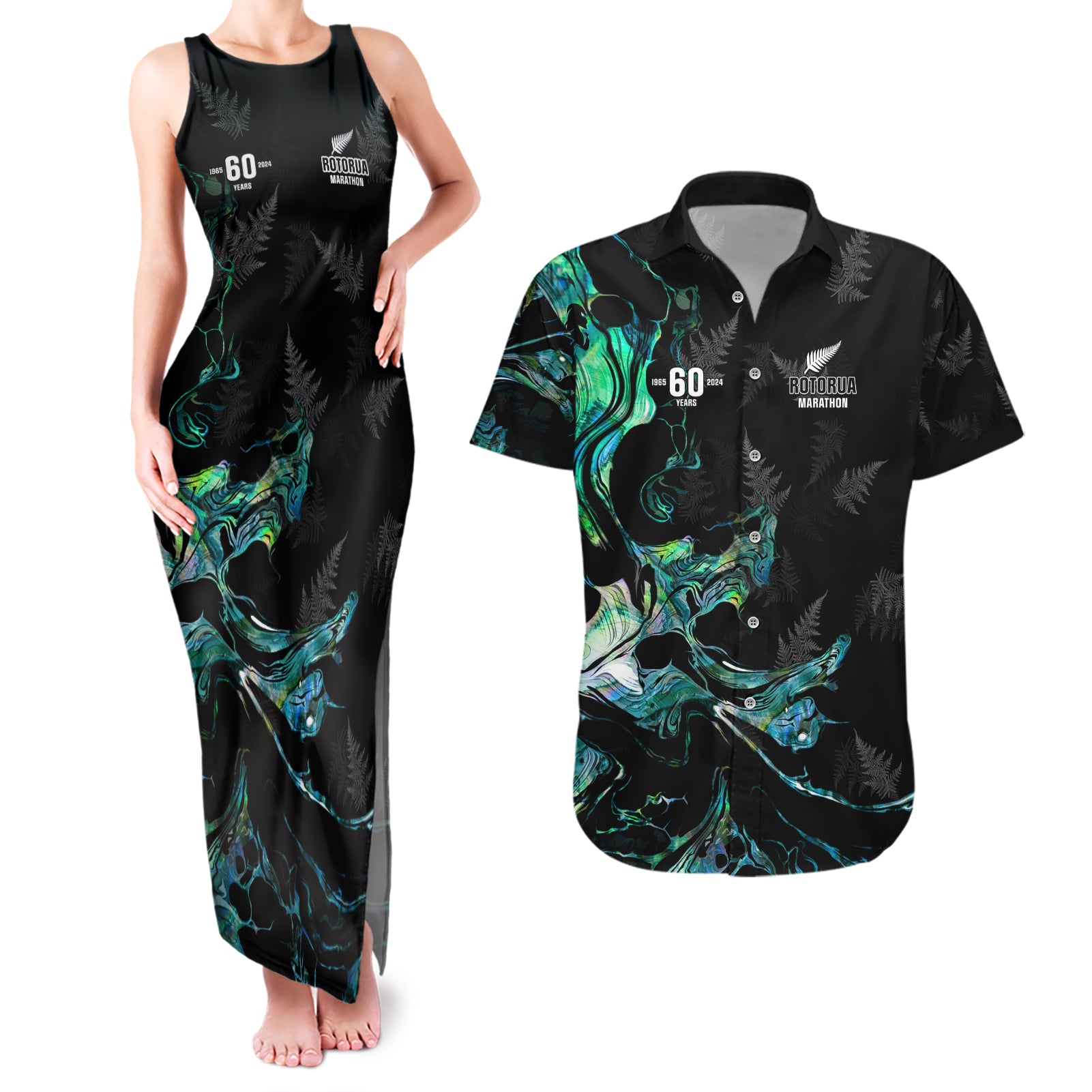 New Zealand Marathon Couples Matching Tank Maxi Dress and Hawaiian Shirt Silver Fern Paua Shell Simple Style
