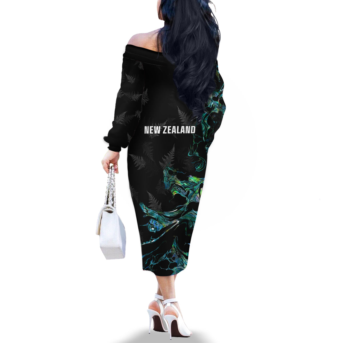 New Zealand Marathon Family Matching Off The Shoulder Long Sleeve Dress and Hawaiian Shirt Silver Fern Paua Shell Simple Style