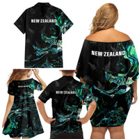 New Zealand Marathon Family Matching Off Shoulder Short Dress and Hawaiian Shirt Silver Fern Paua Shell Simple Style