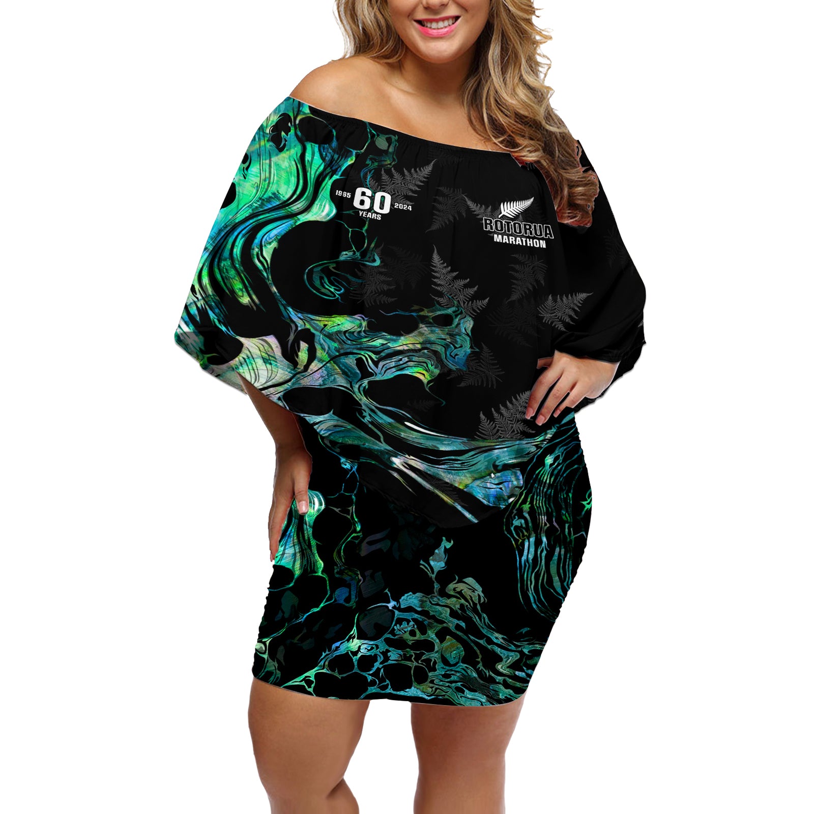 New Zealand Marathon Off Shoulder Short Dress Silver Fern Paua Shell Simple Style