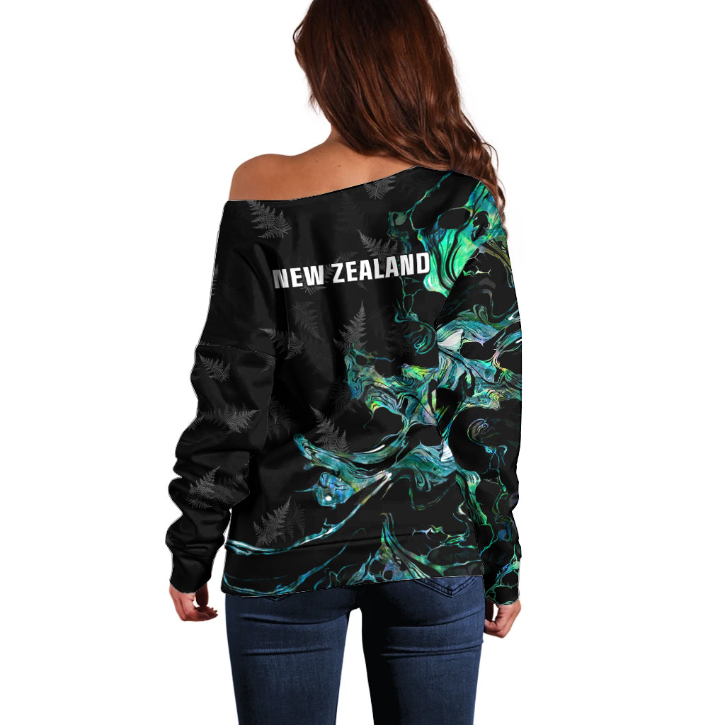 New Zealand Marathon Off Shoulder Sweater Silver Fern Paua Shell Simple Style