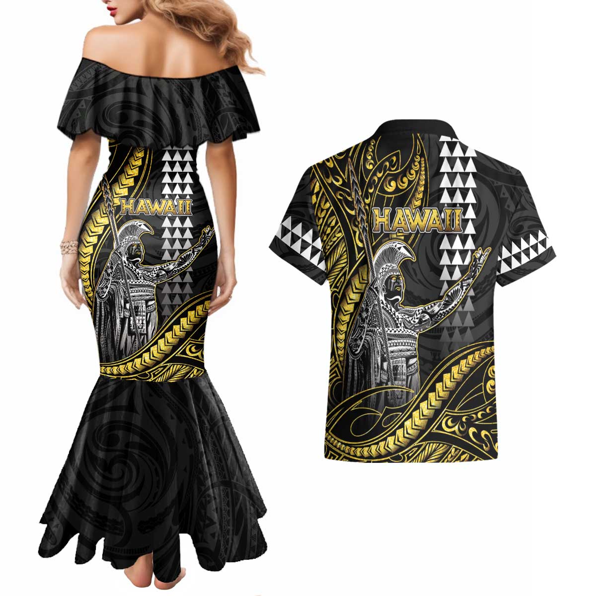Hawaii King Kamehameha The Great Couples Matching Mermaid Dress and Hawaiian Shirt Gold Tribal Tattoo