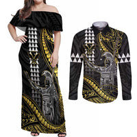 Hawaii King Kamehameha The Great Couples Matching Off Shoulder Maxi Dress and Long Sleeve Button Shirt Gold Tribal Tattoo