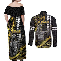 Hawaii King Kamehameha The Great Couples Matching Off Shoulder Maxi Dress and Long Sleeve Button Shirt Gold Tribal Tattoo