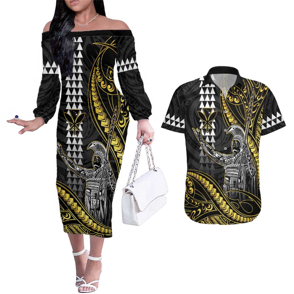 Hawaii King Kamehameha The Great Couples Matching Off The Shoulder Long Sleeve Dress and Hawaiian Shirt Gold Tribal Tattoo