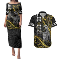 Hawaii King Kamehameha The Great Couples Matching Puletasi and Hawaiian Shirt Gold Tribal Tattoo