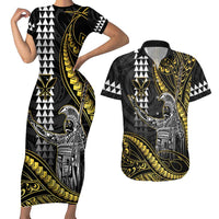 Hawaii King Kamehameha The Great Couples Matching Short Sleeve Bodycon Dress and Hawaiian Shirt Gold Tribal Tattoo