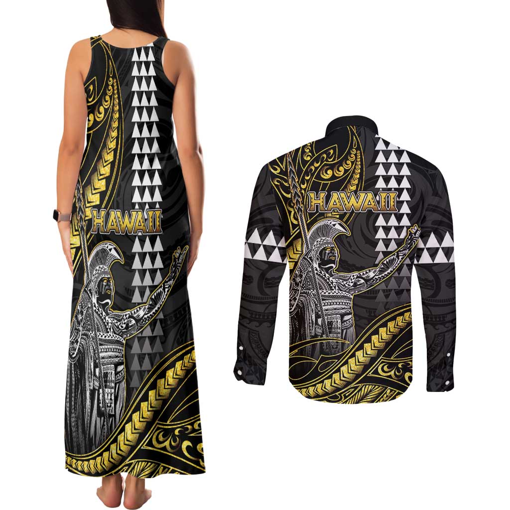 Hawaii King Kamehameha The Great Couples Matching Tank Maxi Dress and Long Sleeve Button Shirt Gold Tribal Tattoo