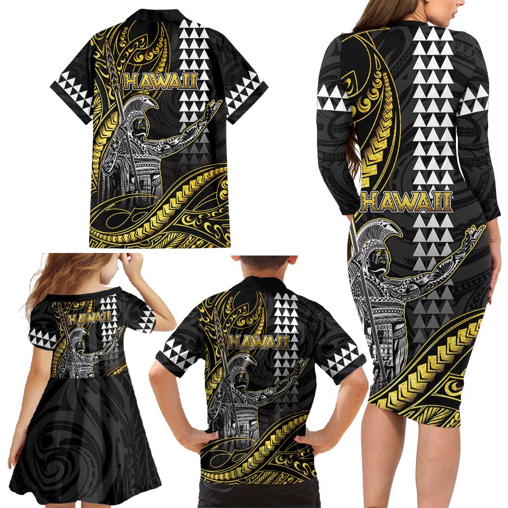 Hawaii King Kamehameha The Great Family Matching Long Sleeve Bodycon Dress and Hawaiian Shirt Gold Tribal Tattoo