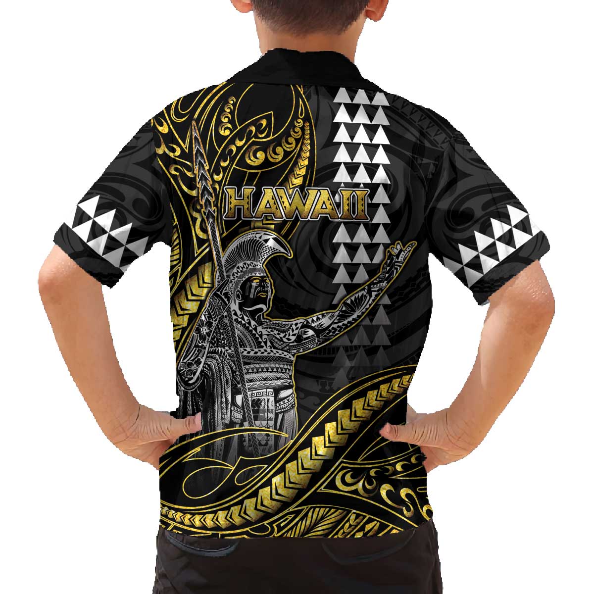 Hawaii King Kamehameha The Great Family Matching Off The Shoulder Long Sleeve Dress and Hawaiian Shirt Gold Tribal Tattoo