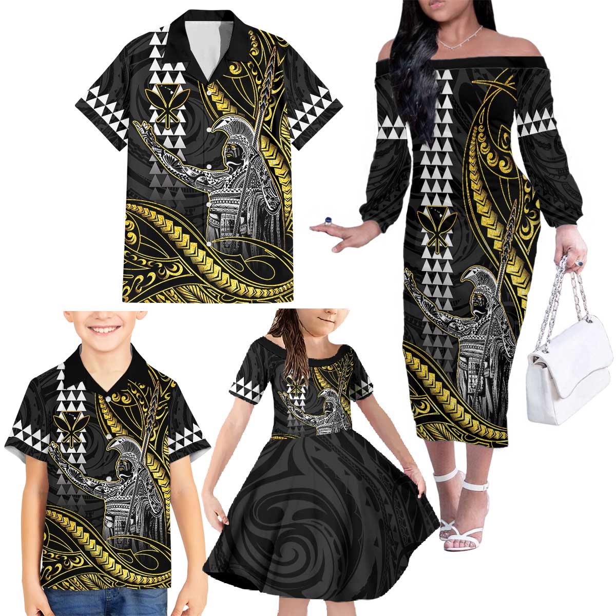Hawaii King Kamehameha The Great Family Matching Off The Shoulder Long Sleeve Dress and Hawaiian Shirt Gold Tribal Tattoo