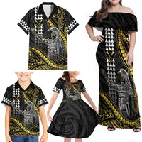 Hawaii King Kamehameha The Great Family Matching Off Shoulder Maxi Dress and Hawaiian Shirt Gold Tribal Tattoo