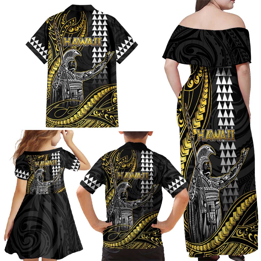Hawaii King Kamehameha The Great Family Matching Off Shoulder Maxi Dress and Hawaiian Shirt Gold Tribal Tattoo