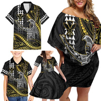 Hawaii King Kamehameha The Great Family Matching Off Shoulder Short Dress and Hawaiian Shirt Gold Tribal Tattoo