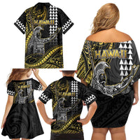 Hawaii King Kamehameha The Great Family Matching Off Shoulder Short Dress and Hawaiian Shirt Gold Tribal Tattoo
