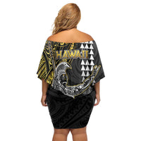 Hawaii King Kamehameha The Great Family Matching Off Shoulder Short Dress and Hawaiian Shirt Gold Tribal Tattoo