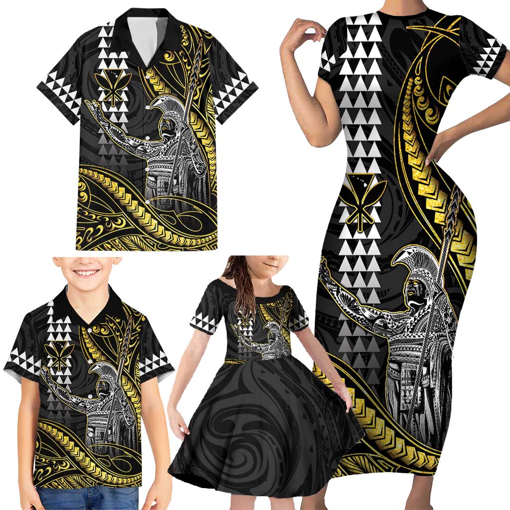 Hawaii King Kamehameha The Great Family Matching Short Sleeve Bodycon Dress and Hawaiian Shirt Gold Tribal Tattoo