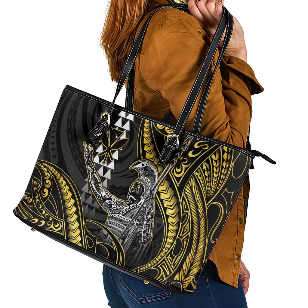Hawaii King Kamehameha The Great Leather Tote Bag Gold Tribal Tattoo