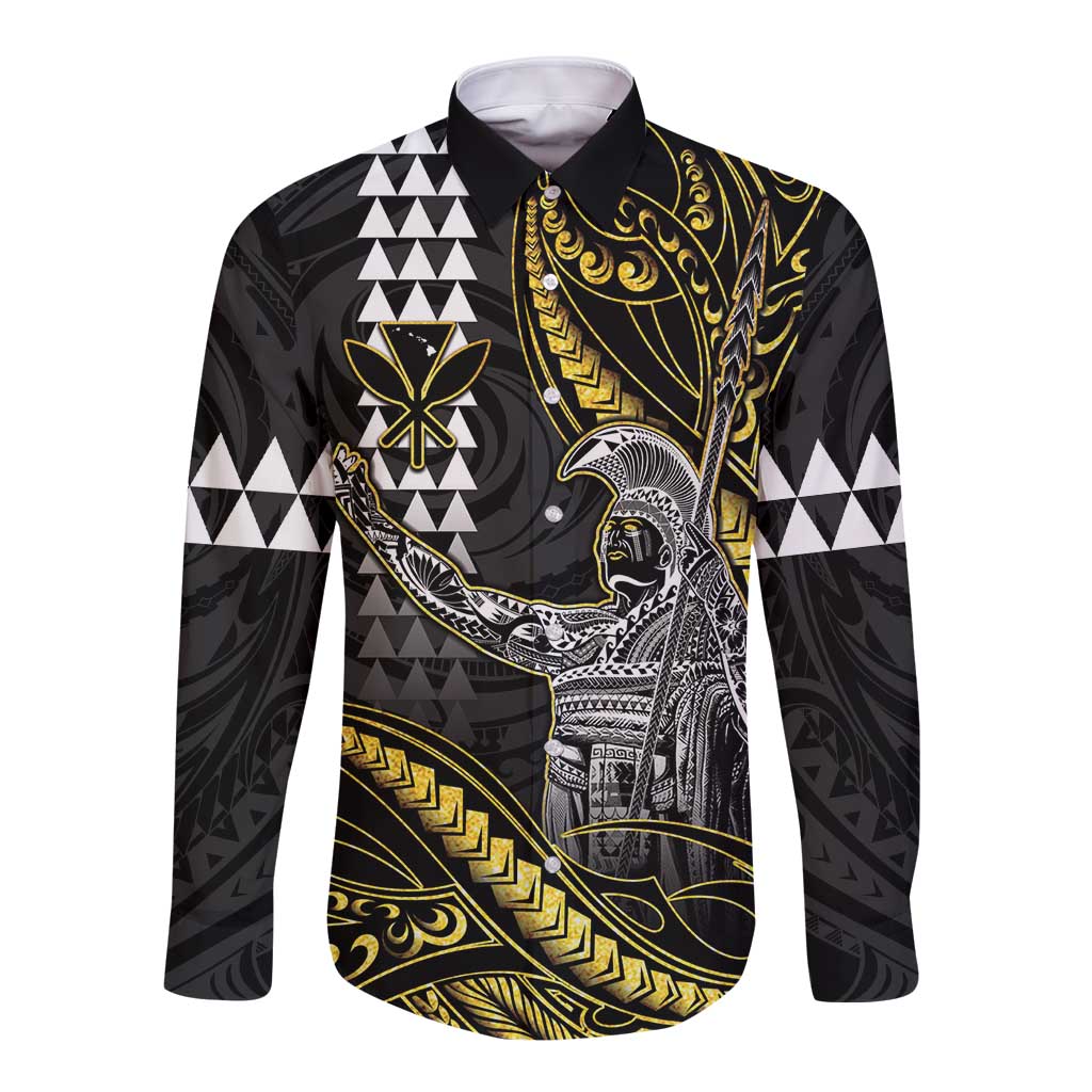 Hawaii King Kamehameha The Great Long Sleeve Button Shirt Gold Tribal Tattoo