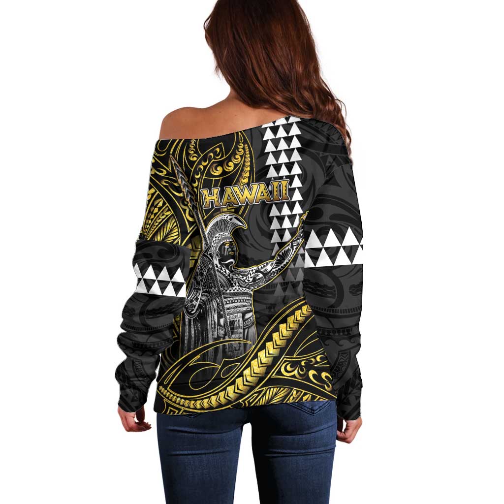 Hawaii King Kamehameha The Great Off Shoulder Sweater Gold Tribal Tattoo