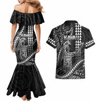 Hawaii King Kamehameha The Great Couples Matching Mermaid Dress and Hawaiian Shirt Black Tribal Tattoo