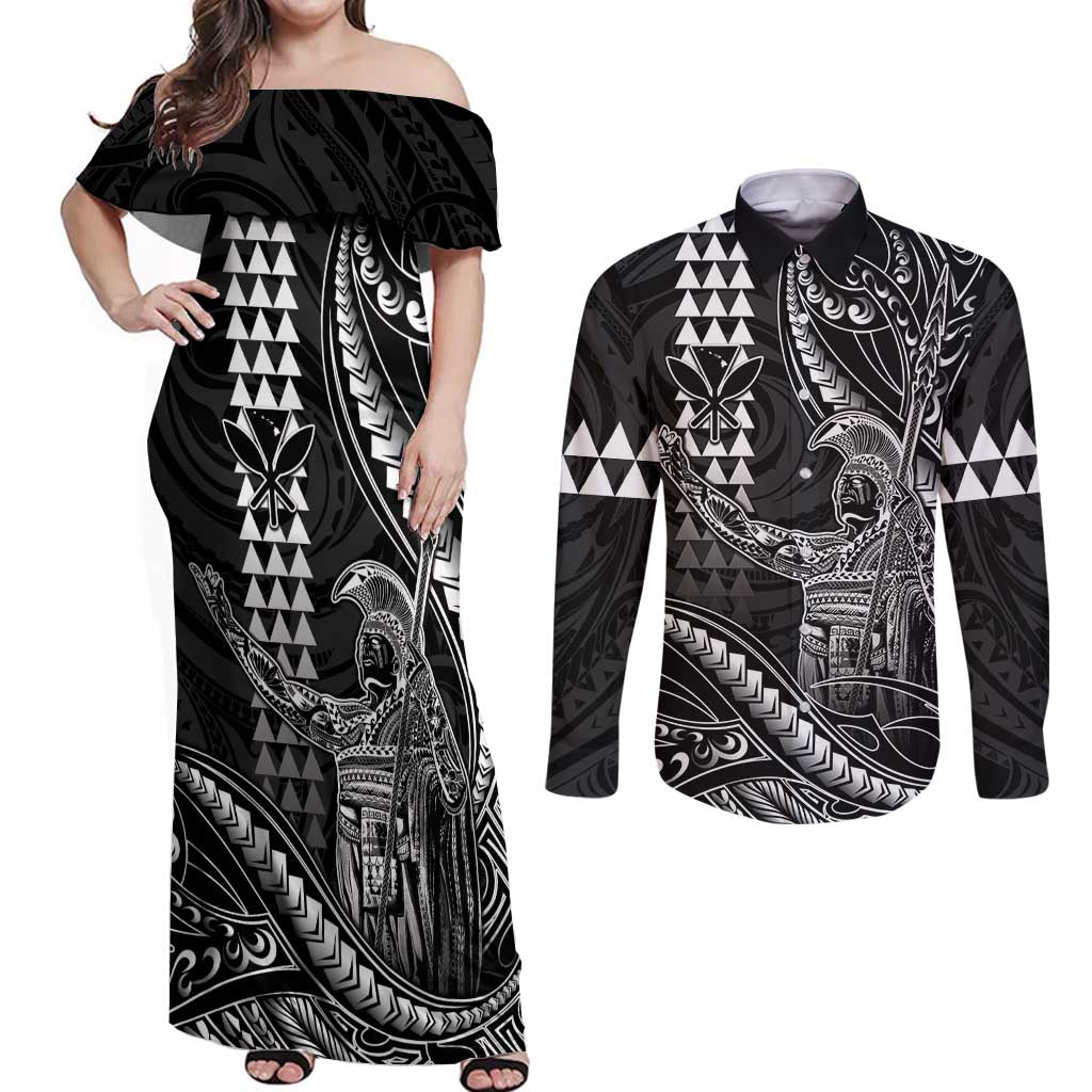Hawaii King Kamehameha The Great Couples Matching Off Shoulder Maxi Dress and Long Sleeve Button Shirt Black Tribal Tattoo