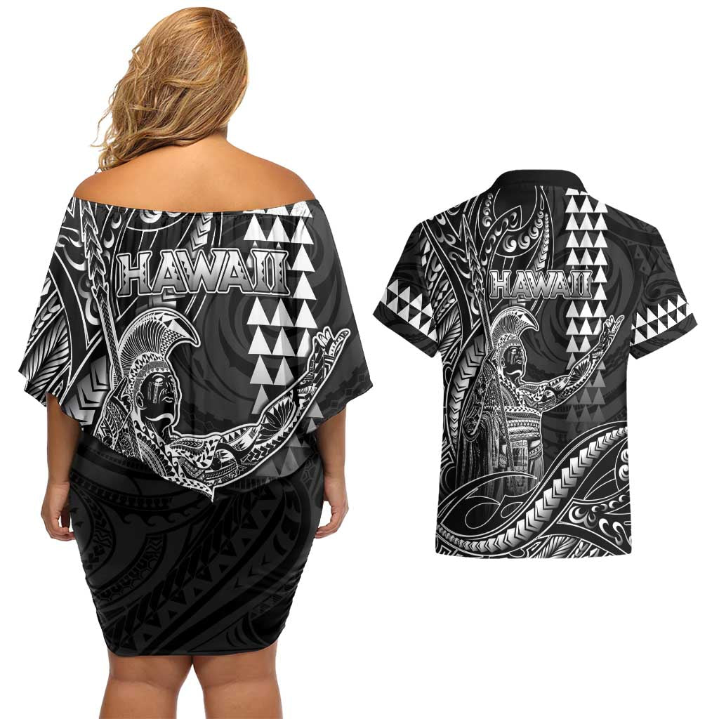 Hawaii King Kamehameha The Great Couples Matching Off Shoulder Short Dress and Hawaiian Shirt Black Tribal Tattoo
