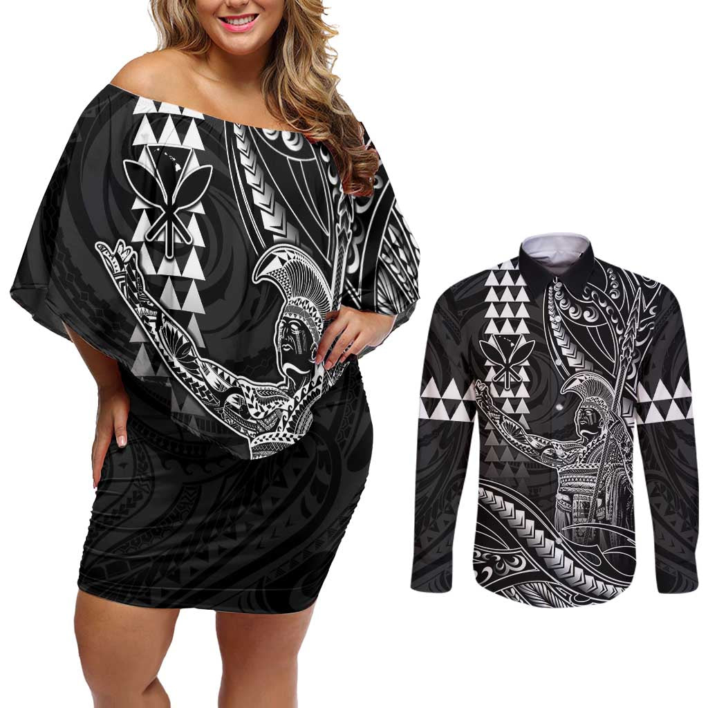Hawaii King Kamehameha The Great Couples Matching Off Shoulder Short Dress and Long Sleeve Button Shirt Black Tribal Tattoo