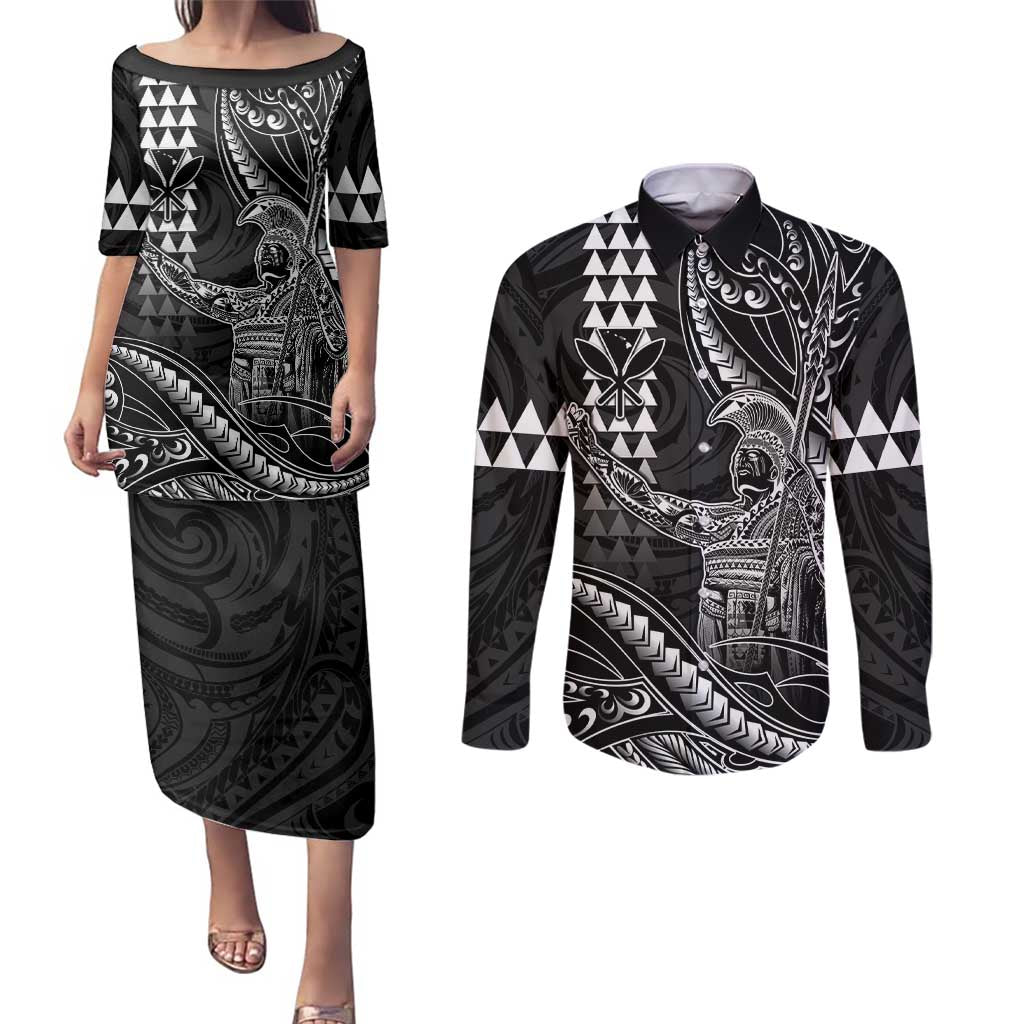 Hawaii King Kamehameha The Great Couples Matching Puletasi and Long Sleeve Button Shirt Black Tribal Tattoo