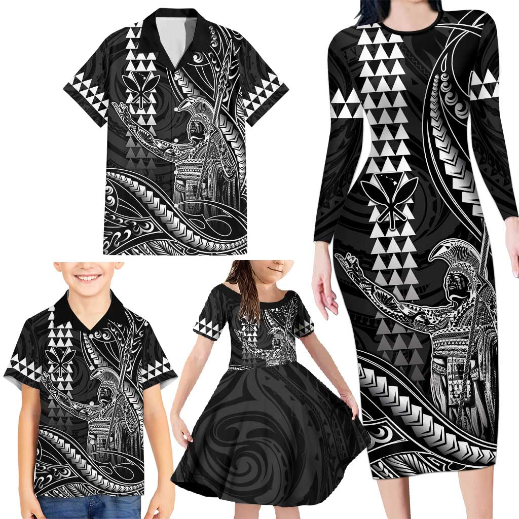 Hawaii King Kamehameha The Great Family Matching Long Sleeve Bodycon Dress and Hawaiian Shirt Black Tribal Tattoo