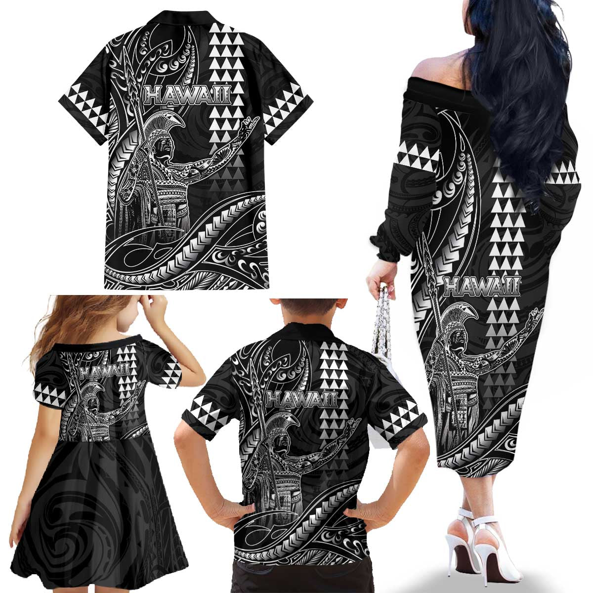 Hawaii King Kamehameha The Great Family Matching Off The Shoulder Long Sleeve Dress and Hawaiian Shirt Black Tribal Tattoo