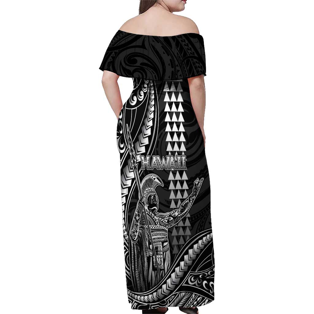 Hawaii King Kamehameha The Great Family Matching Off Shoulder Maxi Dress and Hawaiian Shirt Black Tribal Tattoo