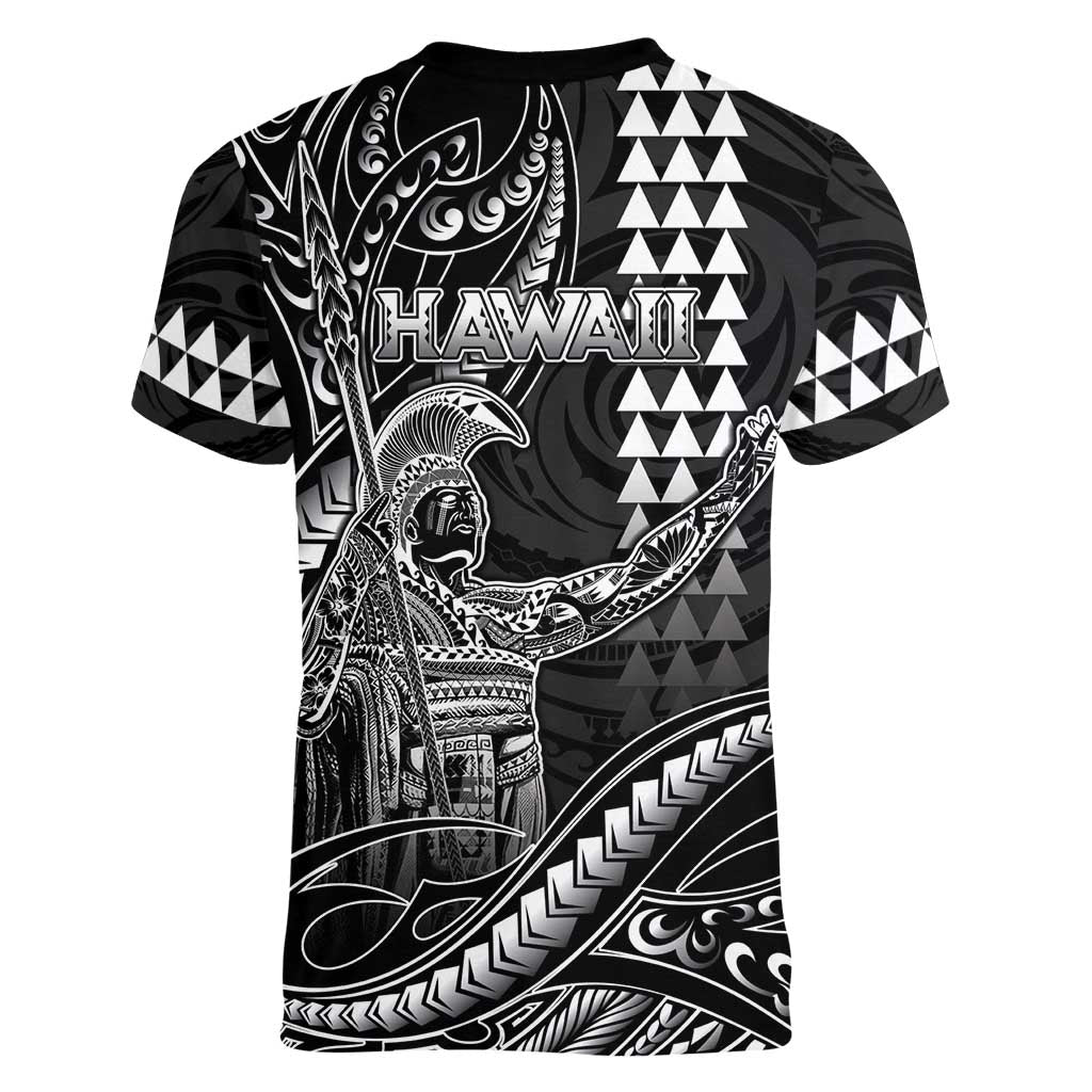 Hawaii King Kamehameha The Great Women V-Neck T-Shirt Black Tribal Tattoo