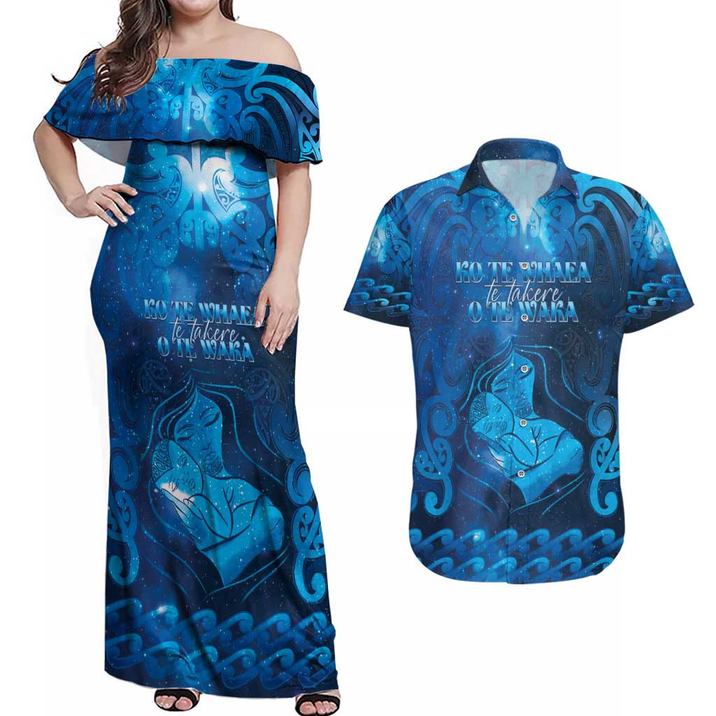 Personalised New Zealand Mother's Day Couples Matching Off Shoulder Maxi Dress and Hawaiian Shirt Ko Te Whaea Te Takere O Te Waka