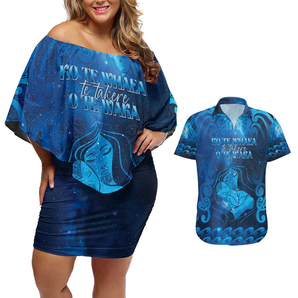 Personalised New Zealand Mother's Day Couples Matching Off Shoulder Short Dress and Hawaiian Shirt Ko Te Whaea Te Takere O Te Waka