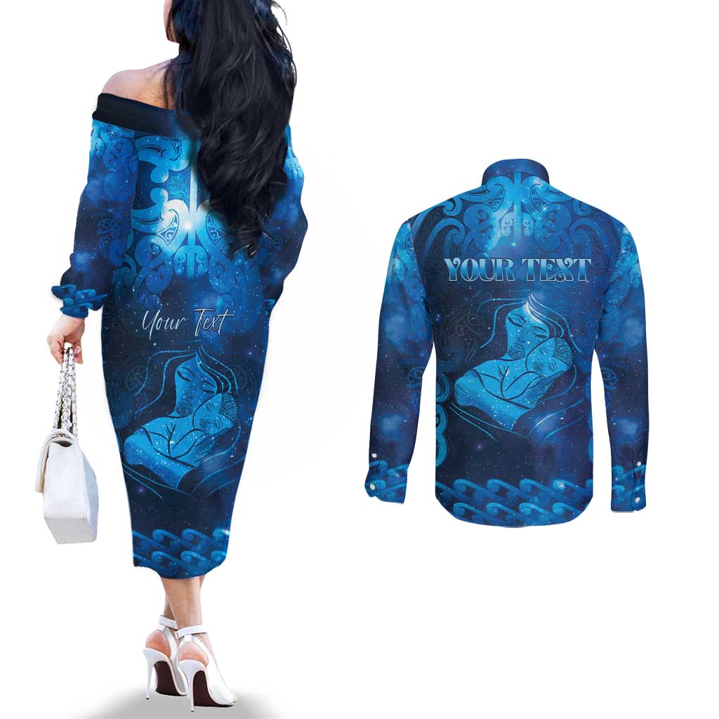 Personalised New Zealand Mother's Day Couples Matching Off The Shoulder Long Sleeve Dress and Long Sleeve Button Shirt Ko Te Whaea Te Takere O Te Waka LT05 - Polynesian Pride
